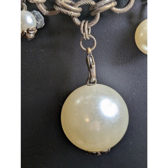 Plunder Antiqued Chain Three Strand Pearl Crystal Chunky Layered Toggle Necklace - Picture 3 of 8